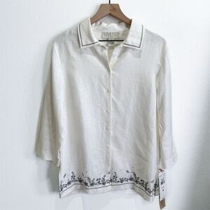 Vtg Norton McNaughton Top Womens Medium White 100% Linen Button‎ Up Cottagecore